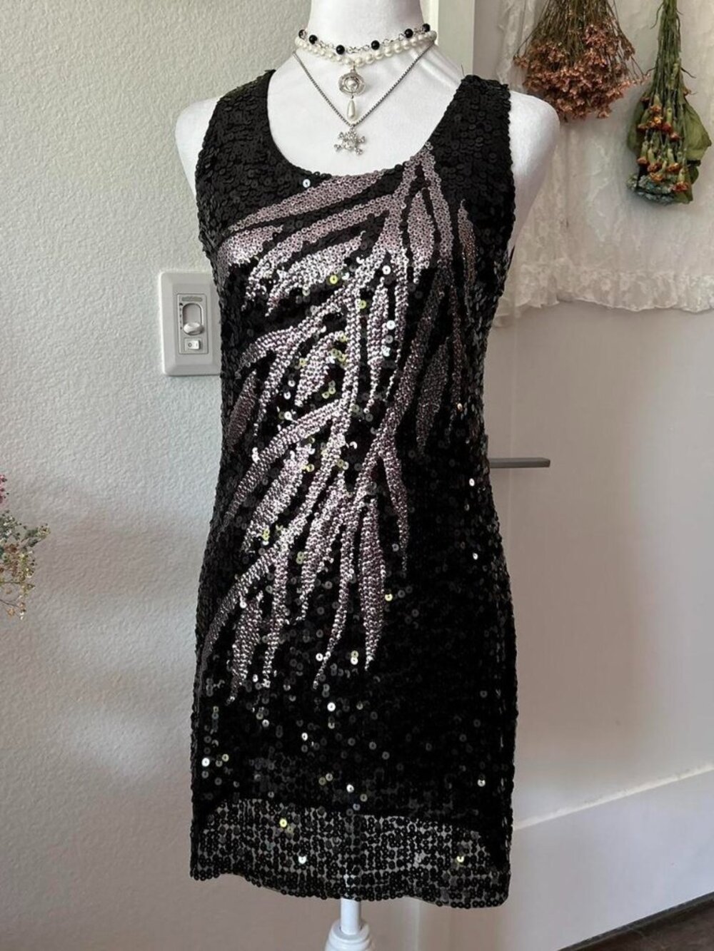 Y2K ICU Black and Silver Sequin Strapless Dress